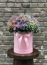 Цветочная композиция из Гипсофила и Розы в шляпной коробке в Талой