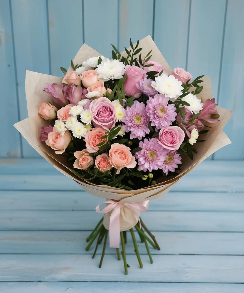 Букет цветов из: Хризантемы, Розы и Альстромерии в Талой