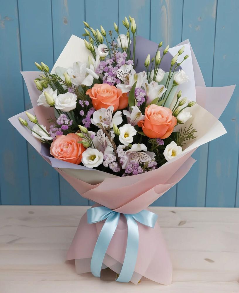 Букет цветов из: Лизиантусы, Розы, Альстромерии и Гипсофила в Талой