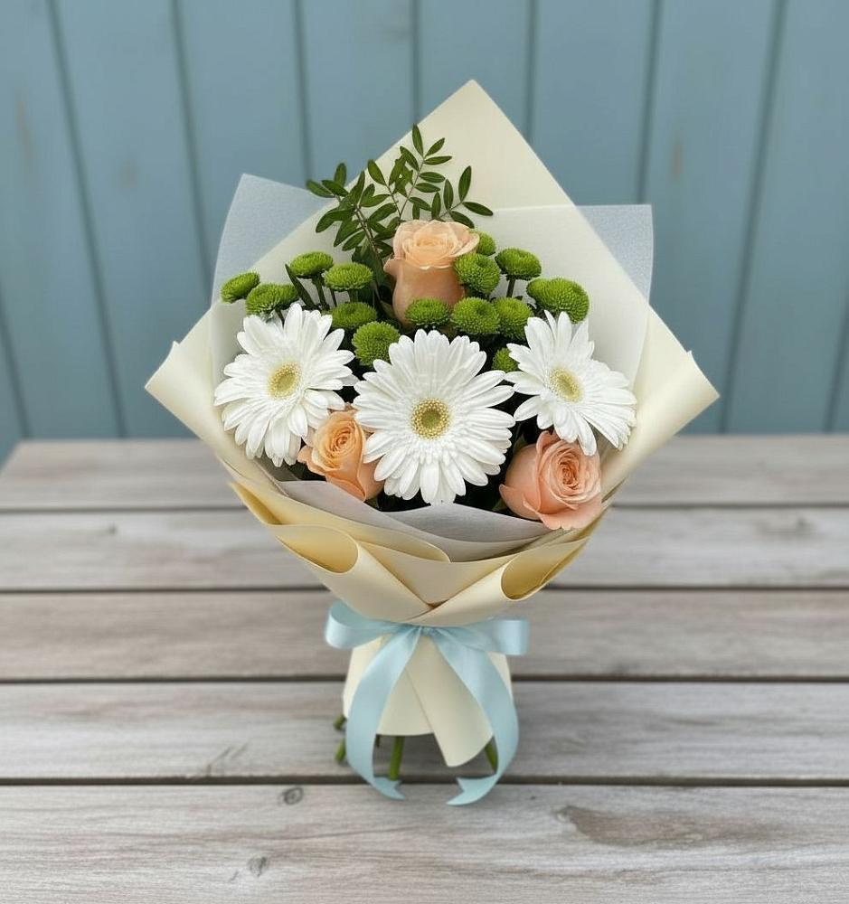 Букет цветов из: Герберы, Розы и Хризантемы в Талой