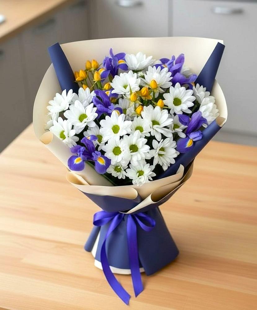 Букет цветов из: Розы, Ирисы и Хризантемы в Талой