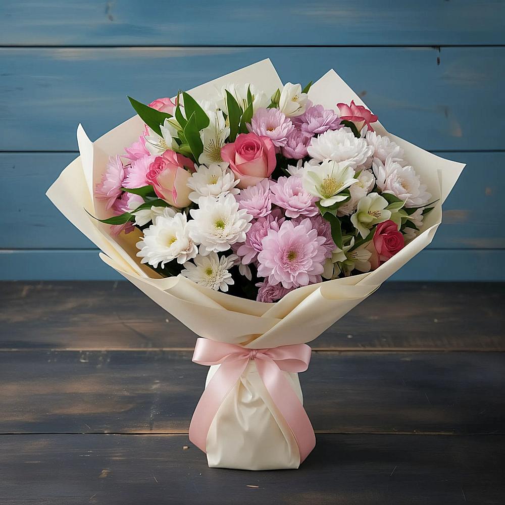 Букет цветов из: Хризантемы, Альстромерии и Розы в Талой